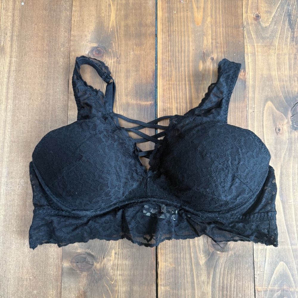PINK Victoria's Secret Black Lace Cross Front Padded Bra